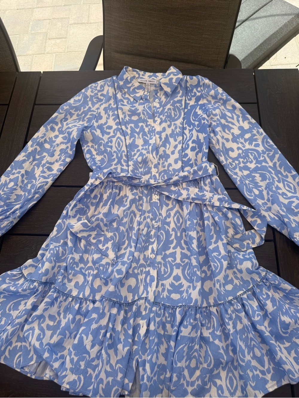 Ellen Tracy Blue and White Printed Tiered Long-Sleeve Dress